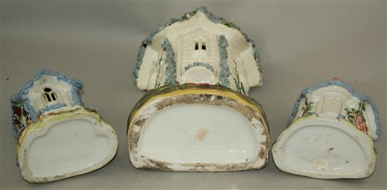 A rare large Staffordshire porcelain cottage pastille burner and two similar smaller examples, mid 19th century, 16 - 29cm